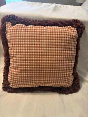 Red and Cream Gingham Fringe Throw Pillow